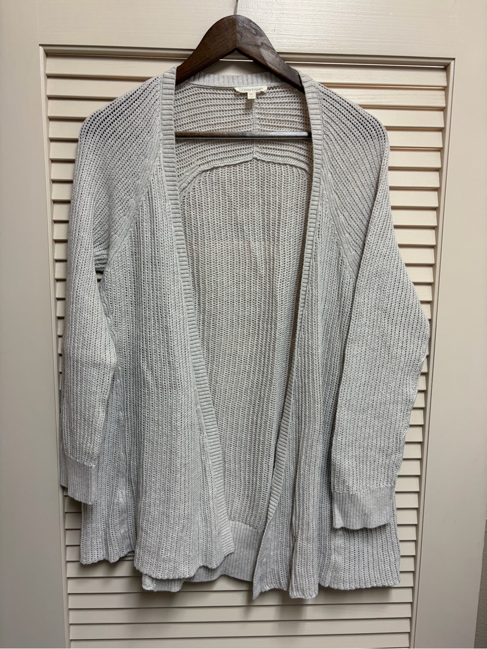 Eileen Fisher Organic Cotton Open Cardigan Sweater Womens L Beige Cable Knit